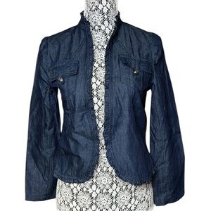 Ruffled Denim Blazer Jacket Women’s Size Small Tailored Fit Jacket Dark Blue